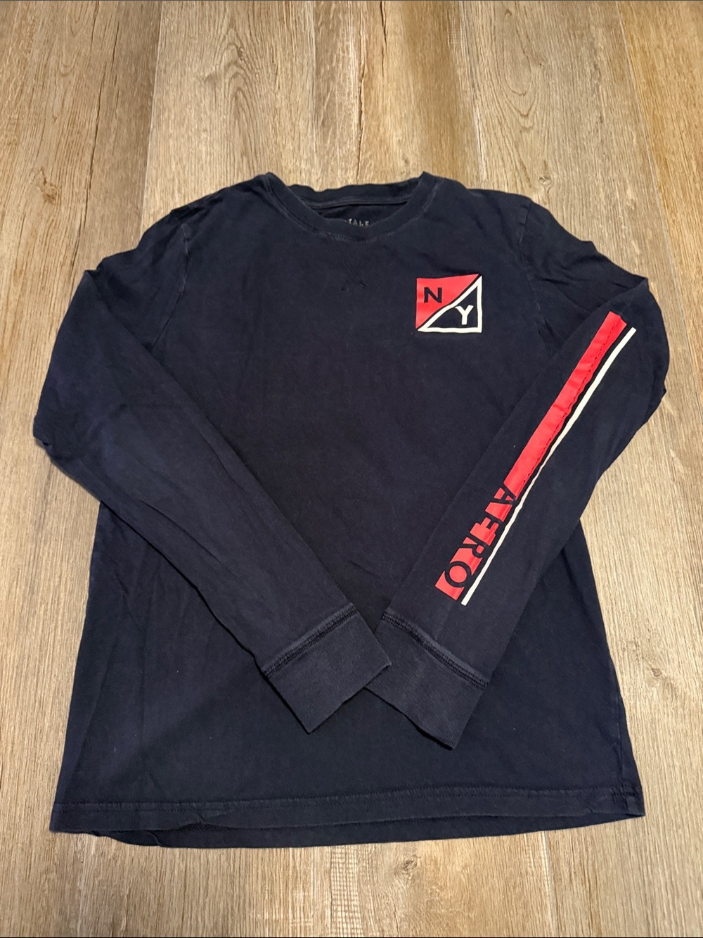 Aeropostale Navy Long Sleeve Tee with Red Sleeve Stripe